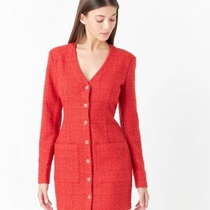 Endless Rose Large Red Button-Up Tweed Wool mini Dress Chanel Style